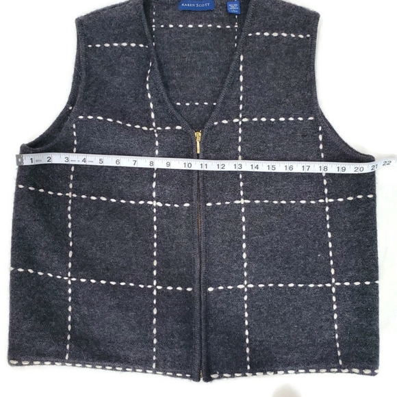 Karen Scott 100% Wool Made in Australia Zip Up Vest Gray/White Stitching SZ L - Picture 5 of 9